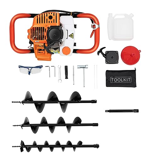 TFIANYNI 2-Takt 52cc Benzin Erdbohrer Erdlochbohrer Mit 3 Bohrer 4"/6"/ 8", Bohrkrone Länge 80cm, Handheld, 2.4ps Tragbarer Bagger Gartenbohrer, Einzylinder, Luftgekühlt von TFIANYNI