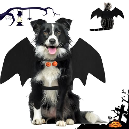 TFSZE Haustier Fledermausflügel, Hund Haustier Halloween Kostüm Mit 2PCS Pumpkin Bell,Einstellbar Ca. 6 Cm Halloween Katzenkostüm, Niedlich Halloween Kostüm, Für Schwarze Halloween Nacht Party-Größe L von TFSZE