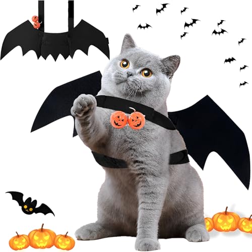 TFSZE Haustier Fledermausflügel, Hund Haustier Halloween Kostüm Mit 2PCS Pumpkin Bell,Einstellbar Ca. 6 Cm Halloween Katzenkostüm, Niedlich Halloween Kostüm, Für Schwarze Halloween Nacht Party-Größe S von TFSZE