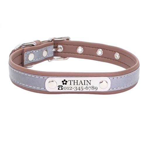 THAIN Custom Hundehalsband – Personalisierte Gravur ID Halsbänder mit Namensschild – reflektierend Hunde Hund Katze Halsband (Braun, L) von THAIN