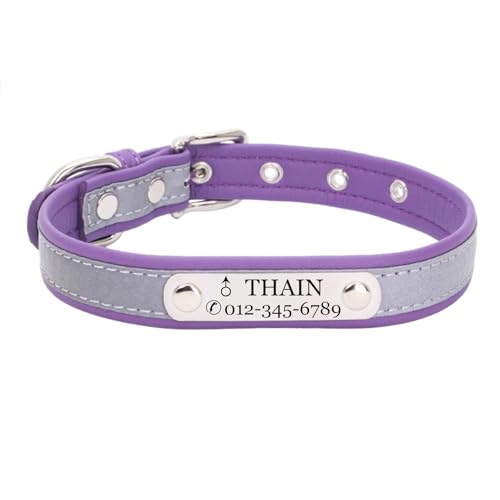 THAIN Custom Hundehalsband – Personalisierte Gravur ID Halsbänder mit Namensschild – reflektierend Hunde Hund Katze Halsband (Lila, L) von THAIN