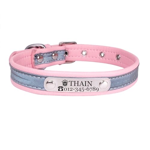 THAIN Custom Hundehalsband – Personalisierte Gravur ID Halsbänder mit Namensschild – reflektierend Hunde Hund Katze Halsband (Rosa, L) von THAIN