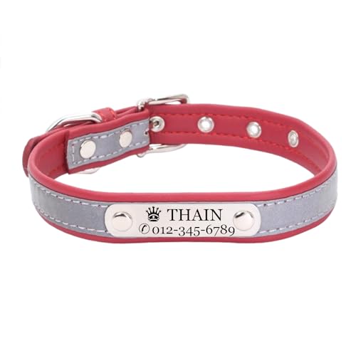 THAIN Custom Hundehalsband – Personalisierte Gravur ID Halsbänder mit Namensschild – reflektierend Hunde Hund Katze Halsband (Rot, L) von THAIN