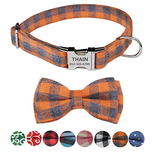 THAIN Hundehalsband, personalisierbar für männliche Hündinnen, Kariertes Muster, gravierte Haustierhalsbänder mit Namen, personalisierbare Metallschnalle (L(Neck 14.1-23.6"),Orange kariert) von THAIN