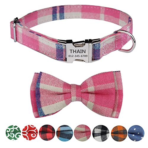 THAIN Hundehalsband, personalisierbar für männliche Hündinnen, Kariertes Muster, gravierte Haustierhalsbänder mit Namen, personalisierbare Metallschnalle (S(Neck 9.8-13.8"), rosa kariert) von THAIN