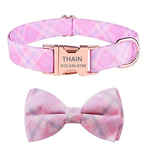 THAIN Hundehalsband mit Fliege, personalisierbar, mit Namensschild für kleine, mittelgroße und große Hunde(L, Neues Rosa Kariertt) von THAIN