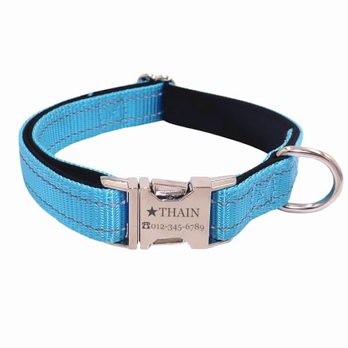 THAIN Individuelles reflektierendes Hundehalsband, personalisiertes Hundehalsband mit Namensschild, eingraviertem Haustiernamen, Telefonnummer (Blau mit Neopren, L) von THAIN