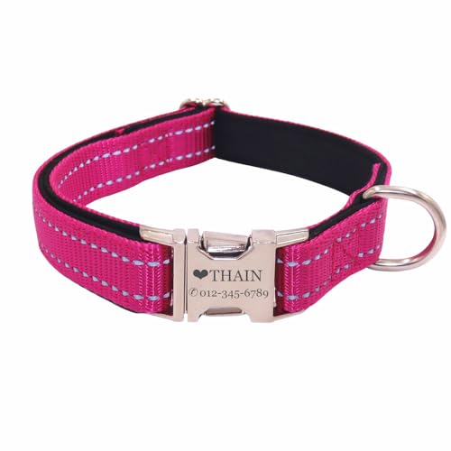 THAIN Individuelles reflektierendes Hundehalsband, personalisiertes Hundehalsband mit Namensschild, eingraviertem Haustiernamen, Telefonnummer (Rosenrot mit Neopren, L) von THAIN