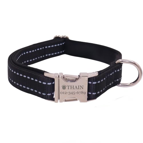 THAIN Individuelles reflektierendes Hundehalsband, personalisiertes Hundehalsband mit Namensschild, eingraviertem Haustiernamen, Telefonnummer (Schwarz mit Neopren, L) von THAIN