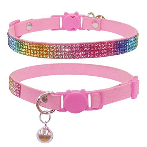 THAIN Katzenhalsband, Regenbogen-Strasssteine, mit Glöckchen, weicher Samt, Schnellverschluss, Rosa von THAIN