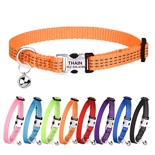 THAIN Katzenhalsband, personalisierbar, reflektierend, mit Glocke, personalisierbar, Namensschild mit Namen und Telefon, verstellbar für Katzen und Kätzchen (Orange) von THAIN