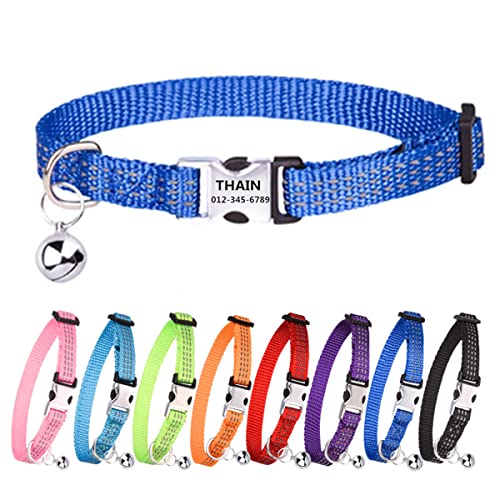 THAIN Katzenhalsband, personalisierbar, reflektierend, mit Glocke, personalisierbar, Namensschild mit Namen und Telefon, verstellbar für Katzen und Kätzchen (dunkelblau) von THAIN