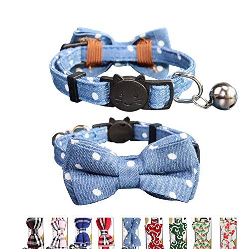 THAIN Katzenhalsband mit Glöckchen und Fliege, Sicherheitsschnalle mit Namensschild, Denim-Punkte, verstellbar, 17,8–27,9 cm, für Kätzchen, Katzen (Denim-Punkte) von THAIN