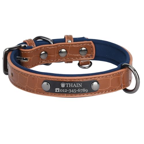 THAIN Personalisierte Hundehalsbänder aus Mikrofaser-Leder mit kostenlosem graviertem Namensschild, gepolstertes Haustierhalsband für Hunde (Braun+Blau, L) von THAIN