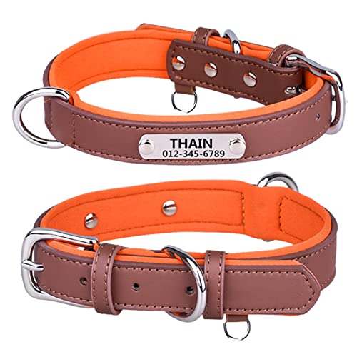 THAIN Personalisierte Hundehalsbänder aus Mikrofaser-Leder mit kostenlosem graviertem Namensschild, gepolstertes Haustierhalsband für Hunde (Braun, XL) von THAIN