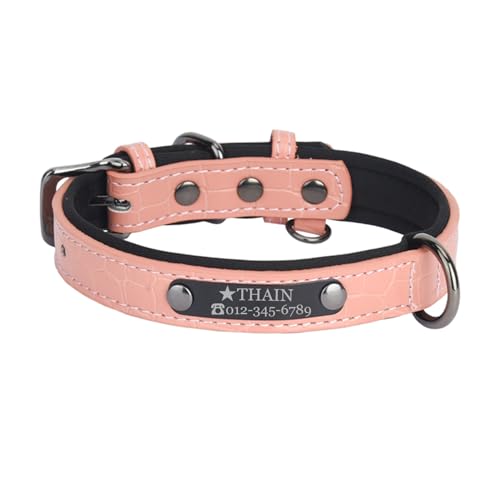 THAIN Personalisierte Hundehalsbänder aus Mikrofaser-Leder mit kostenlosem graviertem Namensschild, gepolstertes Haustierhalsband für Hunde (Rosa+Schwarz, XL) von THAIN