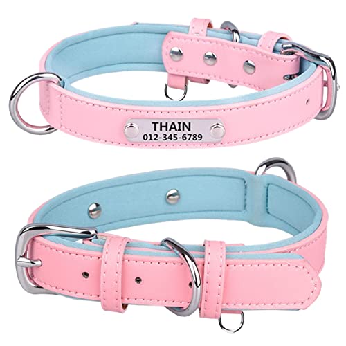 THAIN Personalisierte Hundehalsbänder aus Mikrofaser-Leder mit kostenlosem graviertem Namensschild, gepolstertes Haustierhalsband für Hunde (Rosa, L) von THAIN