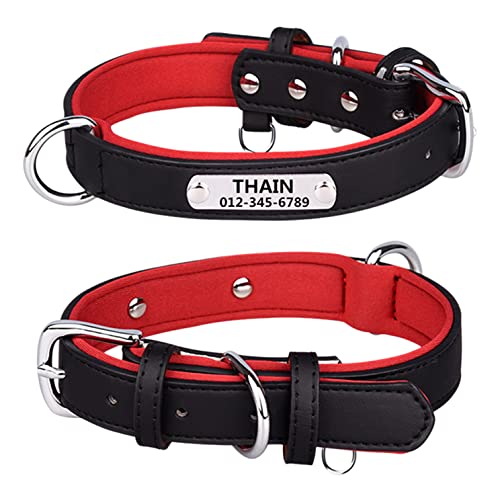 THAIN Personalisierte Hundehalsbänder aus Mikrofaser-Leder mit kostenlosem graviertem Namensschild, gepolstertes Haustierhalsband für Hunde (Schwarz, XS) von THAIN