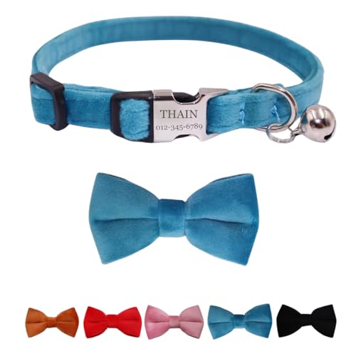 THAIN Personalisiertes Katzenhalsband aus Samt mit Namen, Kätzchenhalsbänder mit Glöckchen und Fliege (Blau) von THAIN