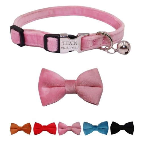 THAIN Personalisiertes Katzenhalsband aus Samt mit Namen, Kätzchenhalsbänder mit Glöckchen und Fliege (Rosa) von THAIN