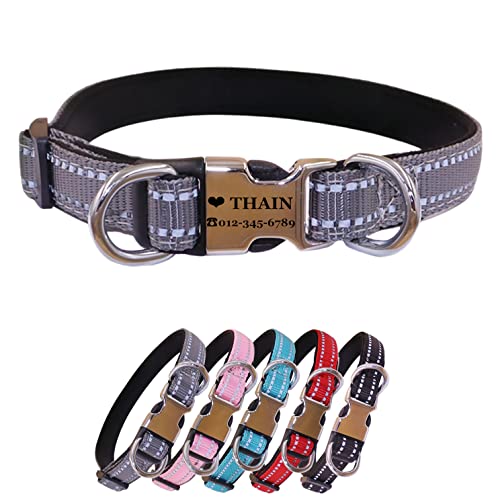 THAIN Reflektierendes, personalisiertes Hundehalsband mit individueller Schnalle und Gravur – weiches Nylon-Haustierhalsband mit Namensschild mit eingraviertem Namen und Telefonnummer (Grau, M) von THAIN