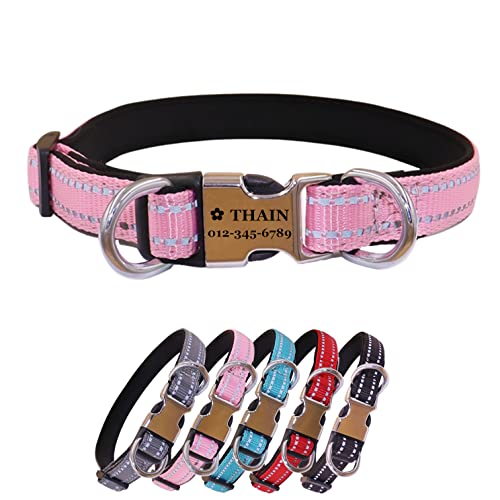 THAIN Reflektierendes, personalisiertes Hundehalsband mit individueller Schnalle und Gravur – weiches Nylon-Haustierhalsband mit Namensschild mit eingraviertem Namen und Telefonnummer (Rosa, L) von THAIN