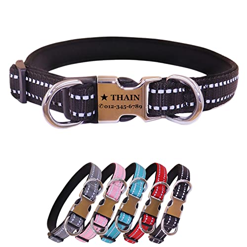 THAIN Reflektierendes, personalisiertes Hundehalsband mit individueller Schnalle und Gravur – weiches Nylon-Haustierhalsband mit Namensschild mit eingraviertem Namen und Telefonnummer (Schwarz, S) von THAIN