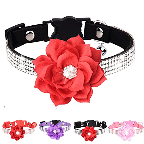 THAIN Strass-Bling Katzenhalsband, Katzen Sachen, mit Glöckchen und Blumendekor, Samt, Schnellverschluss (XS, Schwarz) von THAIN