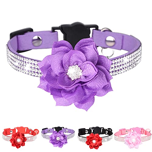 THAIN Strass Bling Katzenhalsband mit Glöckchen und Blumenverzierung, Samt, Schnellverschluss (S, Violett) von THAIN