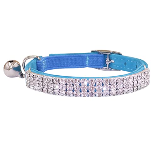 THAIN Strasssteine, Katzenhalsband, weicher Samt, sicher, verstellbares Halsband, glitzernd, mit Glocken, 20,3–27,9 cm, für kleine Hunde und Katzen (hellblau) von THAIN