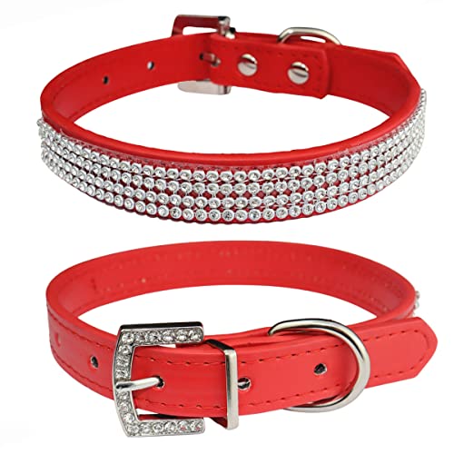 THAIN Verstellbares Halsband für Hunde und Katzen, PU-Leder, mit Strasssteinen, Größe M (Länge 30,5 - 38,1 cm), Rot von THAIN