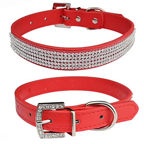 THAIN Verstellbares Halsband für Hunde und Katzen, PU-Leder, mit Strasssteinen, Länge 38,1 - 45,7 cm, Rot von THAIN