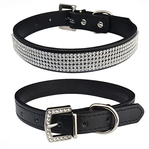 THAIN Verstellbares Halsband für Hunde und Katzen, PU-Leder, mit Strasssteinen, Länge 38,1 - 45,7 cm, Schwarz von THAIN