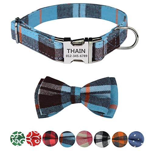 THAIN personalisierbar Hundehalsband mit Fliege Kariertes Muster gravierte Namen benutzerdefinierter für große Hunde(L(Neck 14.1-23.6"), blaues Karomuster) von THAIN