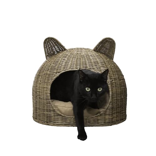 THE LICKER STORE CBD1000A Katzenohren 50,8 x 36,8 cm Coastal handgewebtes Rattan-Katzenbett mit maschinenwaschbarem Kissen, naturfarben von THE LICKER STORE