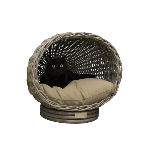 THE LICKER STORE CBD1001A Katzenbett mit Steckdose, 49,5 x 43,2 cm, handgewebt, Rattan, mit maschinenwaschbarem Kissen, Kubu-Grau von THE LICKER STORE