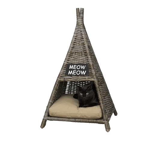 THE LICKER STORE CBD1002A Tiki-Zelt, 50,8 x 50,8 cm, handgewebtes Rattan-Katzenbett mit maschinenwaschbarem Kissen, Kubu-Grau von THE LICKER STORE