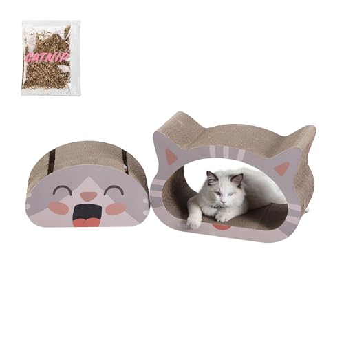 THE LICKER STORE CSR1000A Opal 48,3 cm moderner Karton Happy Cat Head 2-in-1 Katzenhöhle Kratzbaum mit integrierter Glocke Spielzeug und Katzenminze, gedämpftes Rosa/Creme von THE LICKER STORE