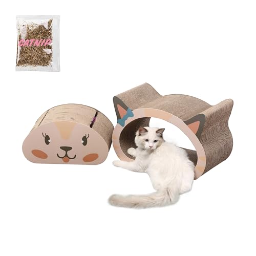 THE LICKER STORE CSR1000B Opal 48,3 cm moderner Karton Happy Cat Head 2-in-1 Katzenhöhle Kratzbaum mit integrierter Glocke Spielzeug und Katzenminze, Creme/Pfirsich von THE LICKER STORE