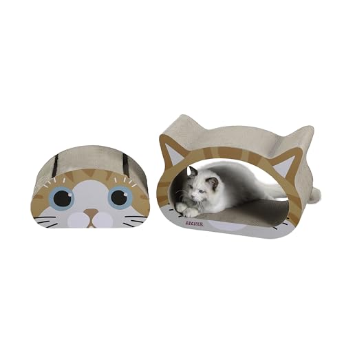 THE LICKER STORE CSR1000C Opal 48,3 cm moderner Karton Happy Cat Head 2-in-1 Katzenhöhle Kratzbaum mit integrierter Glocke Spielzeug und Katzenminze, Orange/Blau von THE LICKER STORE