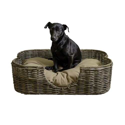 THE LICKER STORE DBD1002A Jakobsmuschel-Hundebett mit tropischem handgewebtem Rattan-Hundebett, mit maschinenwaschbarem Kissen, 68,6 x 46,4 cm, Kubu-Grau von THE LICKER STORE