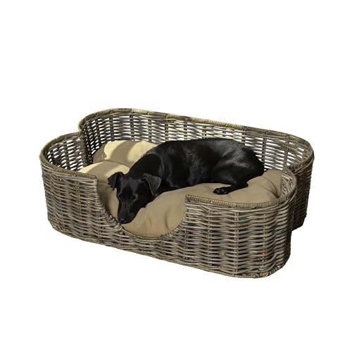 THE LICKER STORE DBD1003A Jakobsmuschel-Hundebett mit tropischem handgewebtem Rattan-Hundebett, mit maschinenwaschbarem Kissen, 78,7 x 50,8 cm, Kubu-Grau von THE LICKER STORE