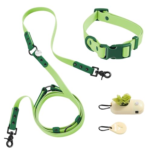 THE LICKER STORE Luna WLK1005B-5SET Verstellbare 6-in-1-Leine und Halsband mit LED-Taschenlampe, Beutelspender und Kotbeutelhalter, Größe M, 2,4 m, Mojito von THE LICKER STORE