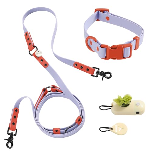 THE LICKER STORE Luna WLK1005E-5SET Verstellbare 6-in-1-Leine und Halsband mit LED-Taschenlampe, Beutelspender und Kotbeutelhalter, Größe M, 2,4 m, Sangria von THE LICKER STORE