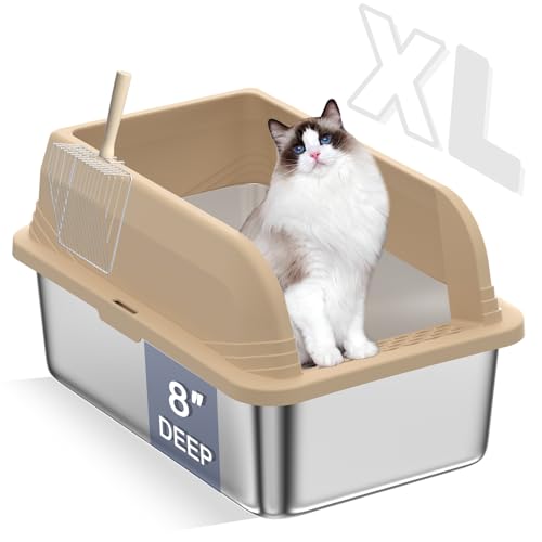 Katzentoilette Edelstahl XL Metall Katzentoilette für Großkatzen, Extra Große Katzentoilette mit Deckel, Metall Katzentoilette mit hohen Wandseiten, Anti-Urinleckage, Einfache Reinigung, Aprikose von THEYFIRST