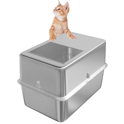 THEYFIRST Katzentoilette aus Edelstahl mit Deckel, Große Katzentoiletten Kein Geruch, abgedeckte Katzentoilette mit hoher Seite, Katzentoilette oben Eingang leicht zu reinigen, Reise Metall von THEYFIRST