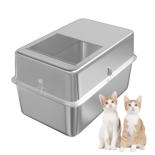 THEYFIRST Katzentoilette aus Edelstahl mit Deckel, Top Entry Katzentoilette für mehrere Katzen, einfache Reinigung, versteckte Katzentoiletten, antihaftbeschichtet, große Katzentoilette, Metall, kein von THEYFIRST