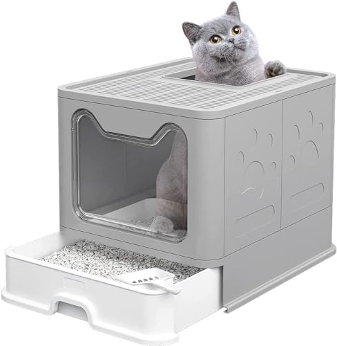Katzenklo, Katzentoilette, mit Deckel, ausziehbares Tablett, geräumig für Katzen bis 15 kg, weniger Spuren, auslaufsicherer Boden (Grau) von WINARA