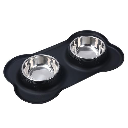 THOYBMO Katzen Hundenäpfe Cat Dog Bowls Doppelter Futternapf Edelstahl Auslaufsicherer Rutschfester Silikonmatte Tablett Futter Wasserfütterung Welpen Katzen,Black,M von THOYBMO