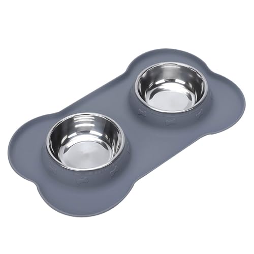 THOYBMO Katzen Hundenäpfe Cat Dog Bowls Doppelter Futternapf Edelstahl Auslaufsicherer Rutschfester Silikonmatte Tablett Futter Wasserfütterung Welpen Katzen,Gray,M von THOYBMO